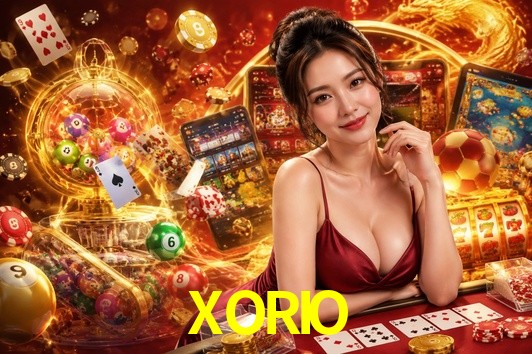 Una escena digital vívida inspirada en casino con XORIO mostrado prominentemente, luces brillantes, fichas, cartas y acentos dorados.