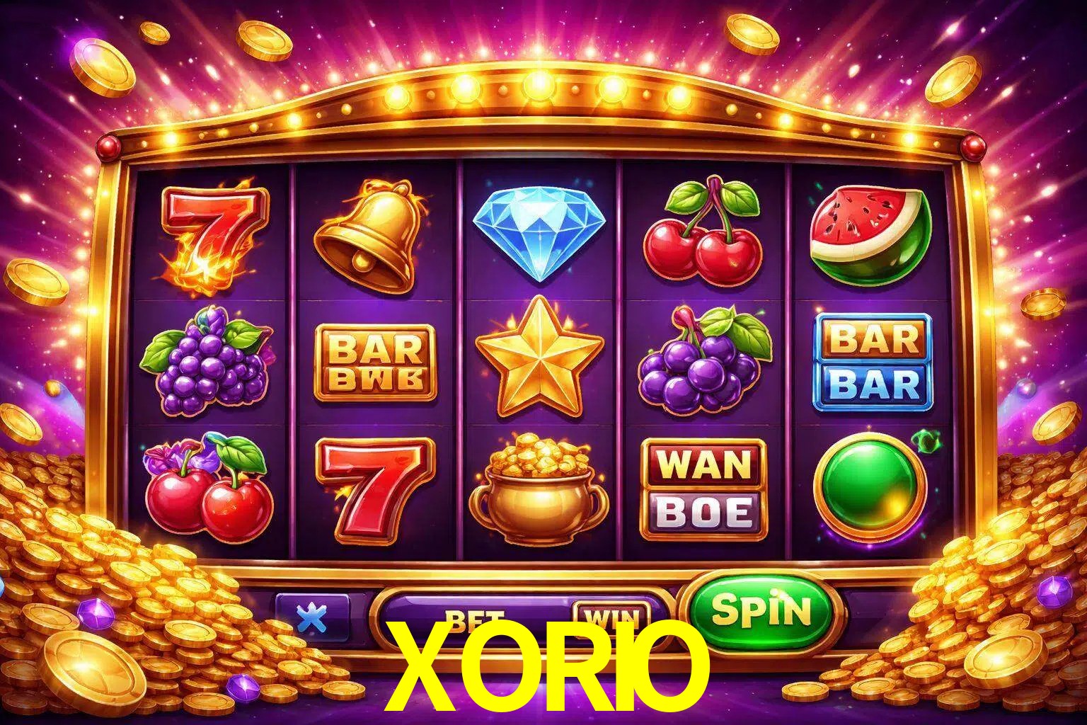 Una interfaz colorida de tragamonedas en línea con símbolos brillantes, monedas y un efecto de victoria celebratoria en XORIO.